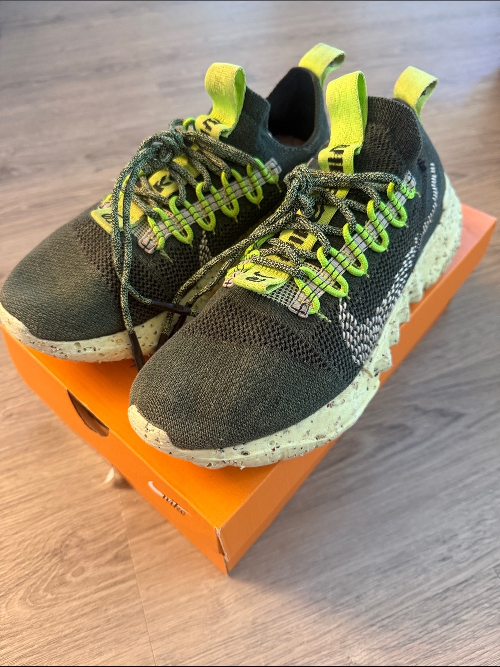 Nike Men's Flyknit Athletic Sneakers in Dark Green and Neon Yellow